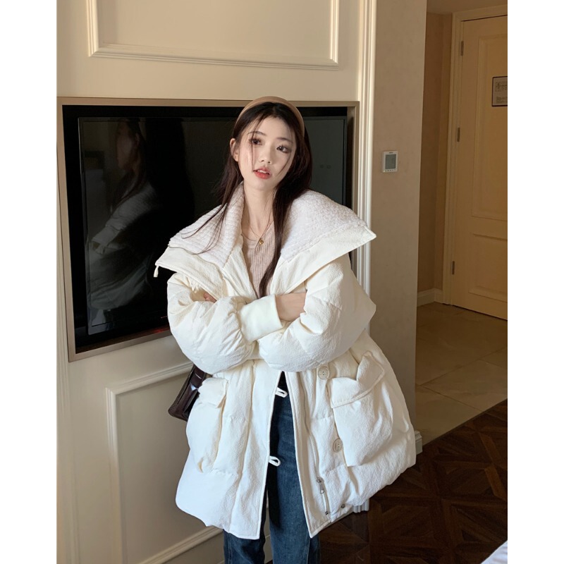 Plus Size down Cotton Jacket for Women, Winter Korean Style Outfit, Small Size Lamb Wool Lapel Mid-Length Coat