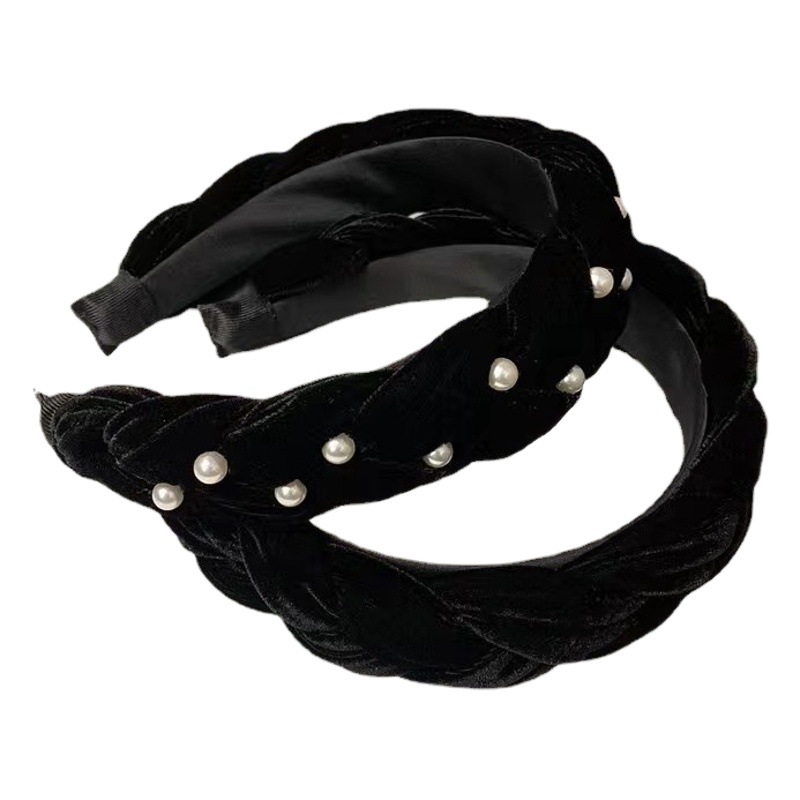 Qianhui mismo estilo diadema negro perla tocado horquilla terciopelo Twist trenza subred rojo alto cráneo superior accesorios para el cabello mostrar cara pequeña
