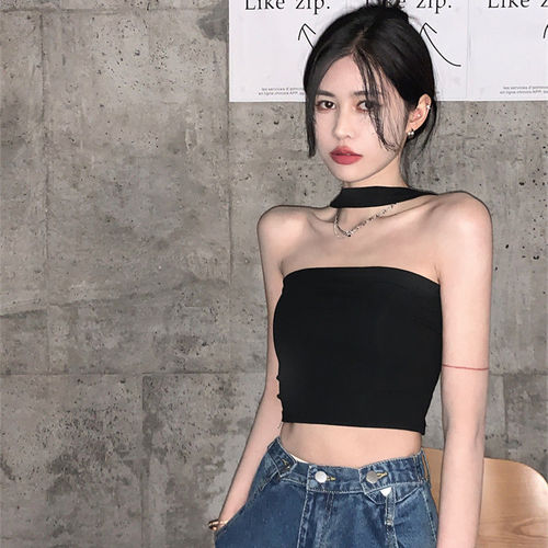 Hot girl halter neck camisole women's summer  new style inner and outer wear black slimming pure lust style short top