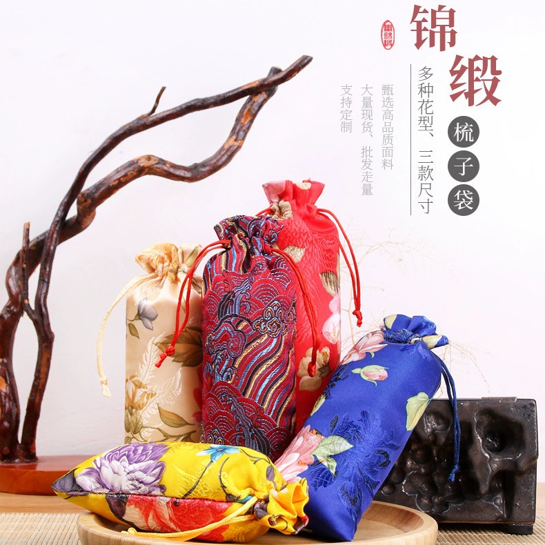 Новая сумка для хранения расчесок: деревянная расческа, расческа из рога, сумка с узором «волна», упаковка из брокада, вышитая тканевая сумка, мешочек на шнурке