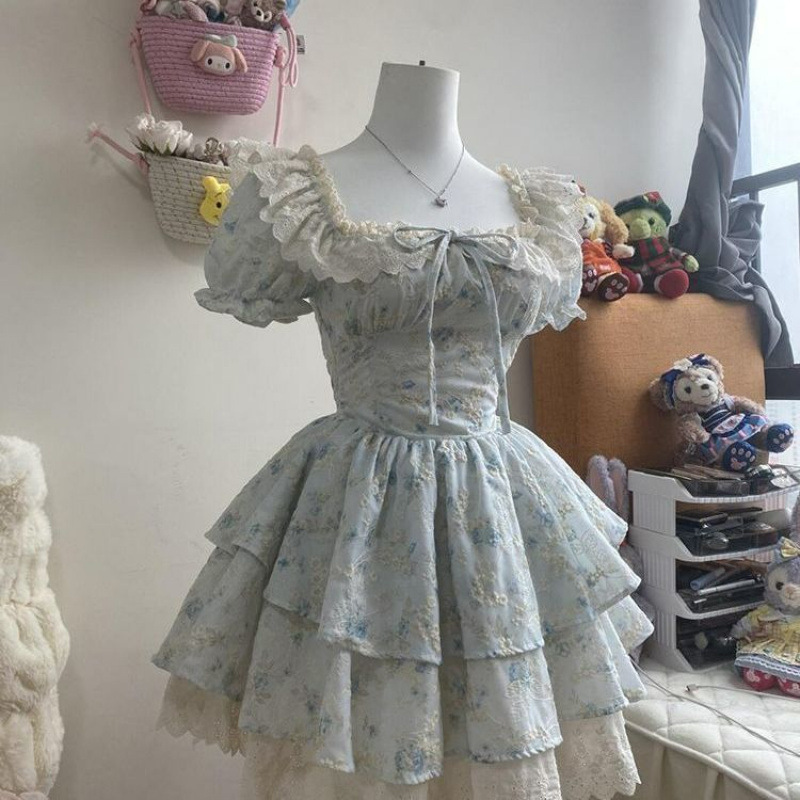 Princess Style Floral Dress for Women Summer French Sweet and Cute Puff Sleeve Skirt Lace Cake Puffy Skirt