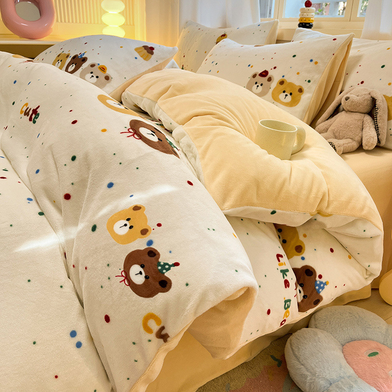 Invierno engrosado 2025 nuevo conjunto de cuatro piezas de lana de leche de doble cara edredón de coral sábanas de tres piezas