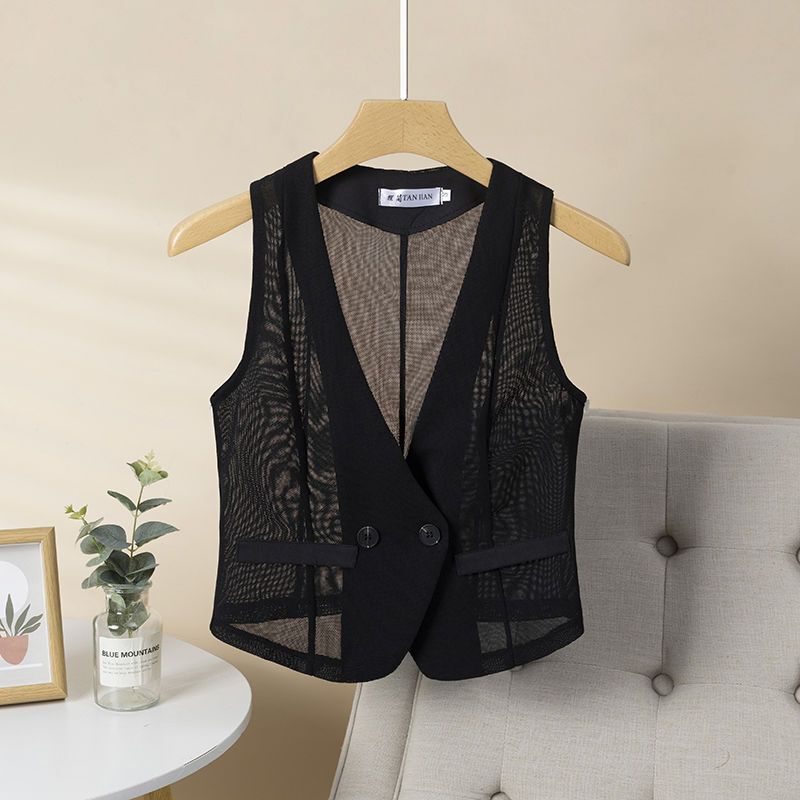 Summer Vest Women's Vest 2025 New Fashion Design Slim Short V Neck Mesh Vest Outer Wear Niche