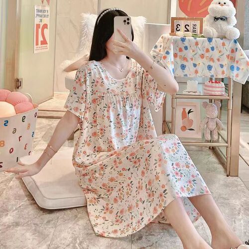 Women's Summer Cotton Satin Nightgown, Medium-Old Age, Artificial Cotton Dress, Large Size Homecoming Dress, Mother's Set