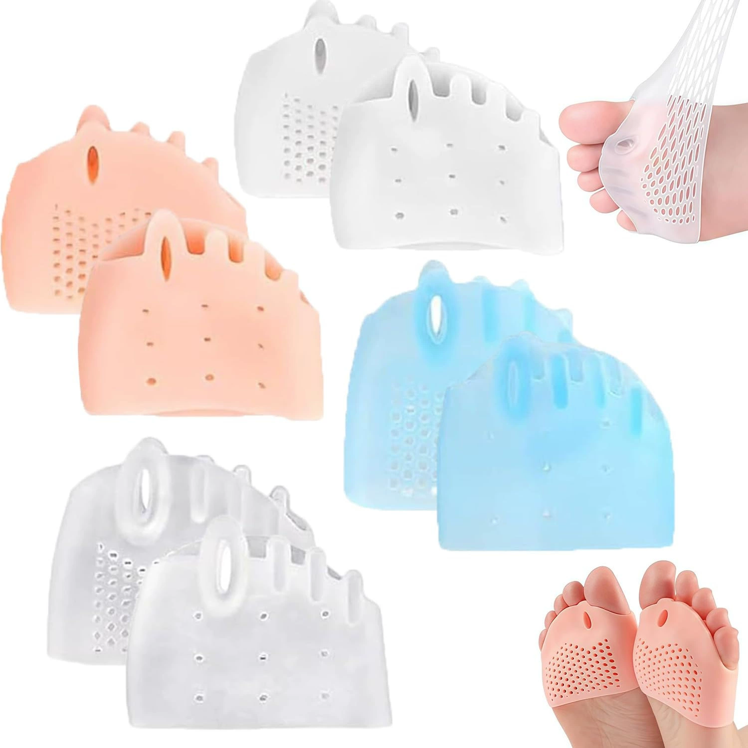 Пятиотверстная стелька-накладка на переднюю часть стопы (полуразмер) для коррекции вальгусной деформации стопы, соприкосновения пальцев ног, амортизации и разделения пальцев