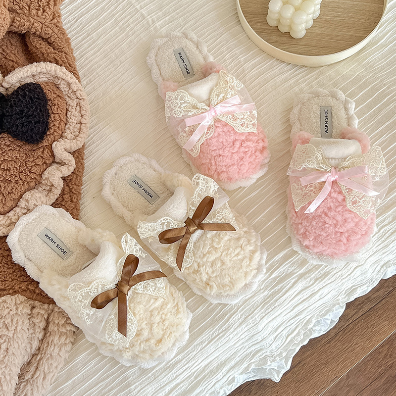 New Korean Style Cute Girl Heart Bow Baotou Maomao Slippers Women's Flat Winter Home Cotton Slippers Warm