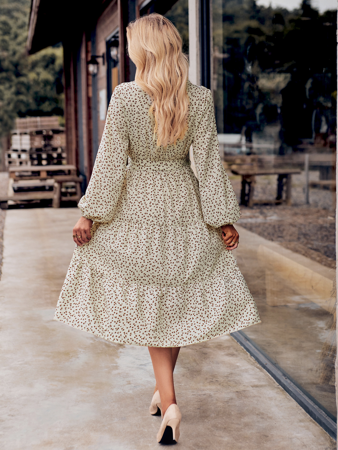 Long Sleeve Lace Up Solid Midi Dresses