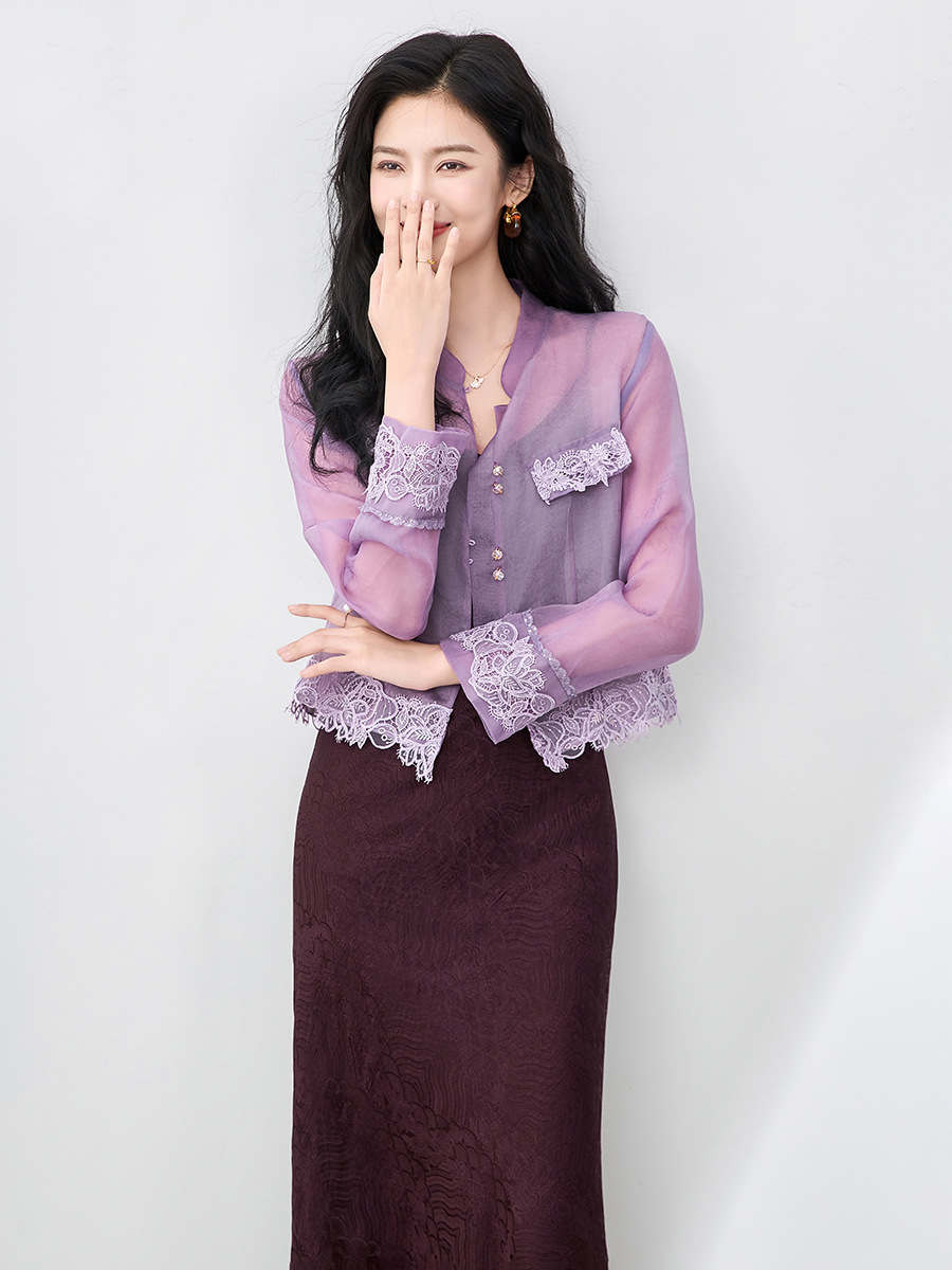 Áo sơ mi dài tay lụa organza cao cấp kiểu Trung Quốc mới mùa hè — Màu đen