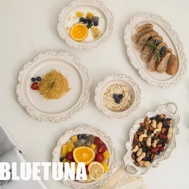 estilo europeo estilo retrógrado horno de cerámica platos de mesa corte flotante platos de cena occidentales platos de filete redondos