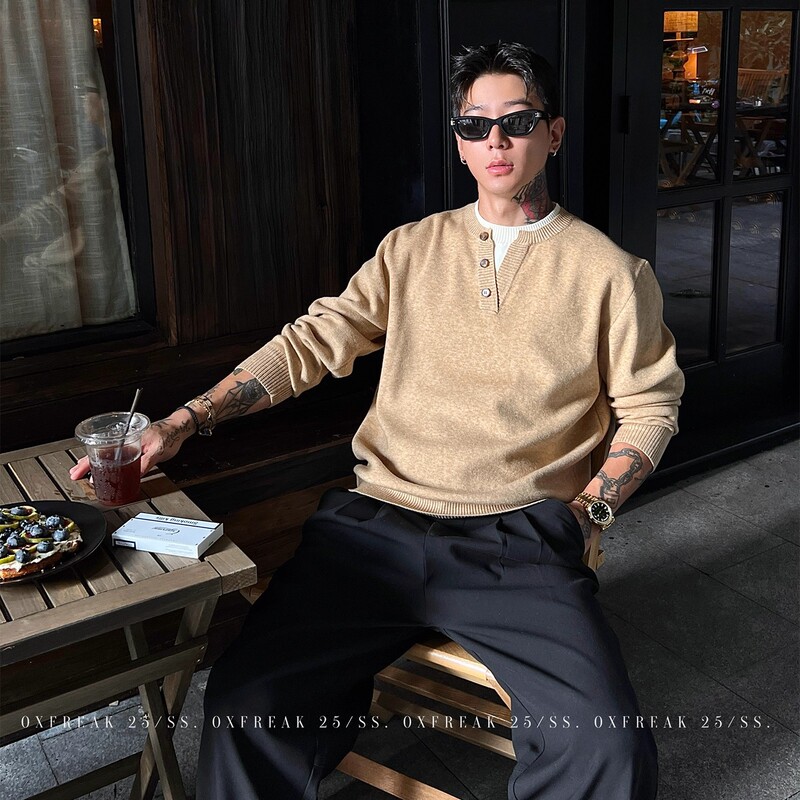 Factory "Customized Mother-Of-Pearl Button" Old Money Style Fake Two-Piece Henley Collar Sweater for Men, Autumn and Winter Warm Knitwear Trend