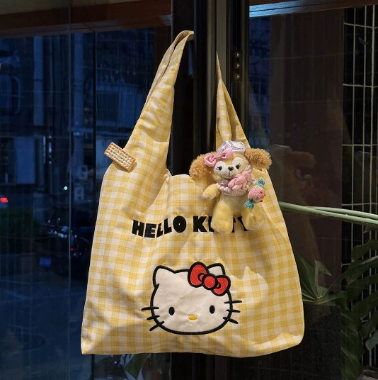 Льняная сумка‑тоут через плечо в клетку, принт Hello Kitty, вместительная летняя сумка, лёгкая