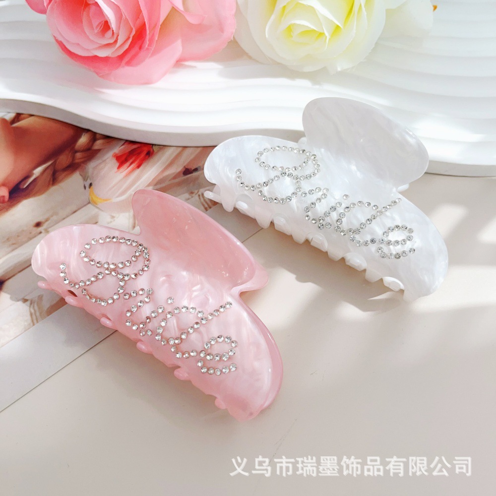 亚马逊新款双面点钻字母BRIDE醋酸发夹气质发卡高级感抓夹情人节