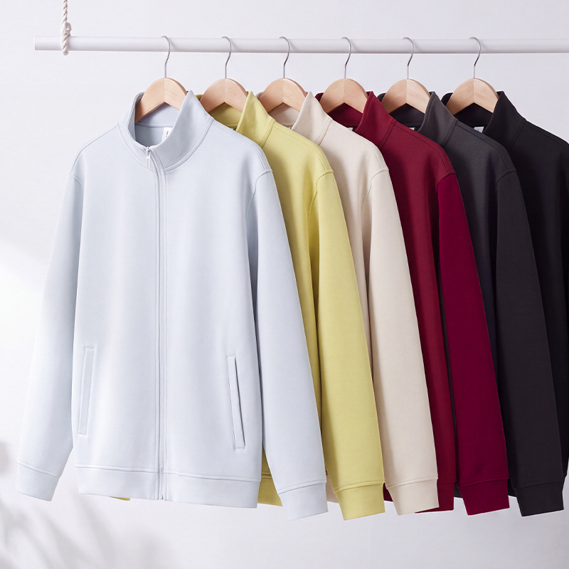 Autumn and Winter 400g Heavyweight Sandwich Liquid Cotton Pure Color Basic Cardigan Jacket Casual Simple Men's and Women's Stand-Up Collar Sweatshirt