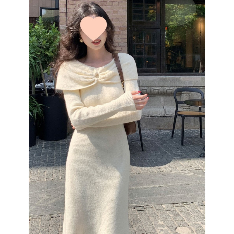 French Retro Large Lapel Knitted dress Women's Long Autumn and Winter New Elegant Slim-fit Slimming Sweater Long Skirt