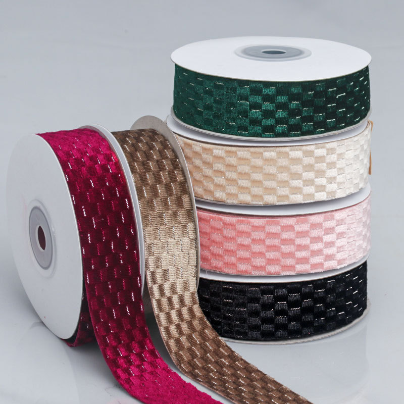 单面银丝植绒棋盘格子织带 手工DIY蝴蝶结礼品华夫格包装饰丝带
