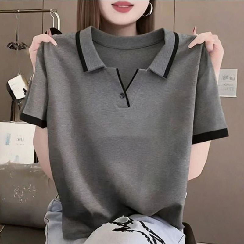 Short-Sleeved T-Shirt for Women, Summer Versatile Fashion, Slimming and Trendy, Niche Design, Color-Blocking Polo Shirt Top