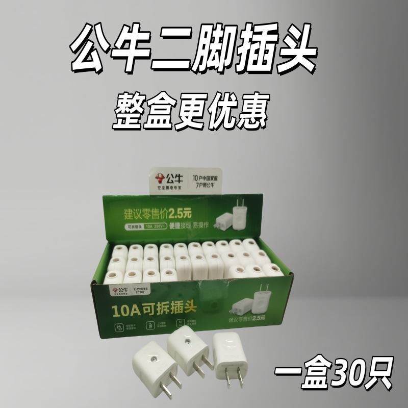 新款公牛插头二脚二插电线接线10A二角插头二孔可拆卸 GNT-10L1G