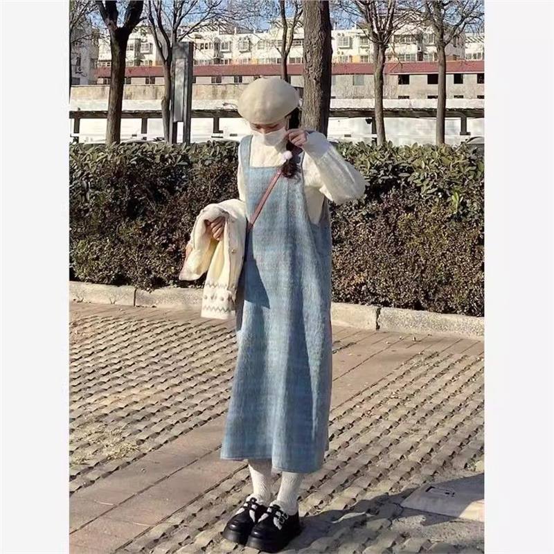 秋冬新款蓝色毛呢格子连衣裙女中长款宽松无袖背带裙子套装显瘦