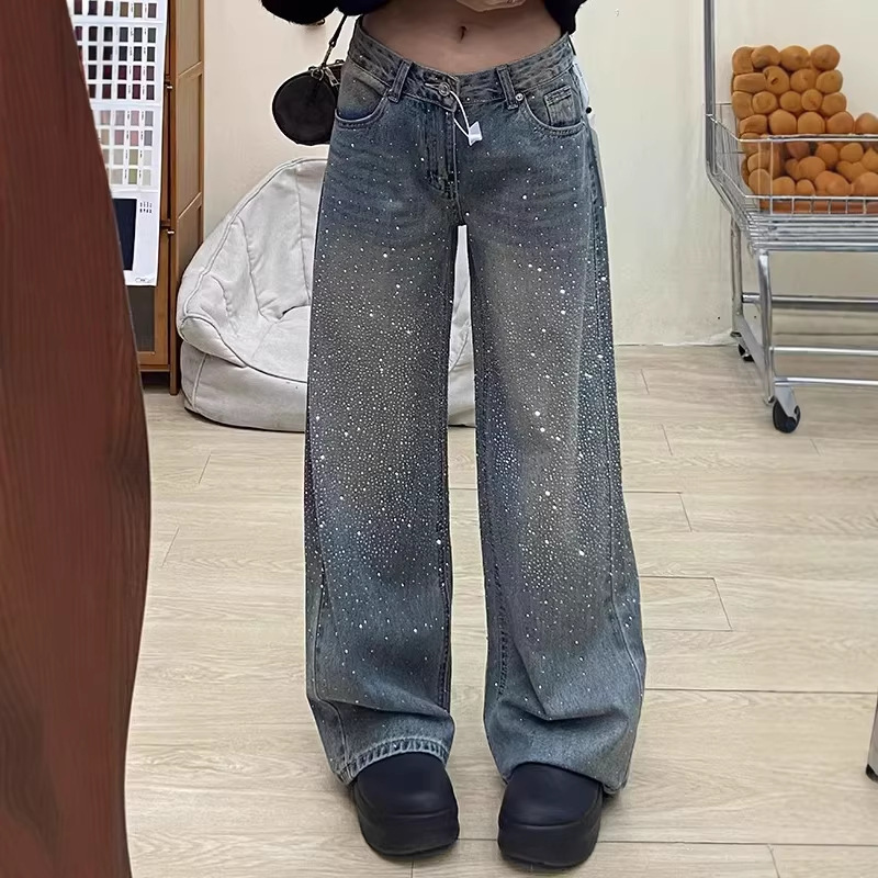 Women’S High-Waisted Flared Jeans – Winter Fleece-Lined Wide-Leg Denim Pants With Rhinestone Embellishments (S-2xl, Non-Stretch Cotton, Deep Blue)_voghion.com