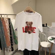 2024夏季新款韩国东大门休闲时髦love可爱熊字母图案印花短袖T恤