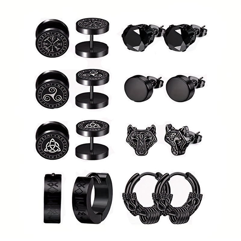 Boucles d'oreilles unisexes noires à fermoir plat, motif runique unique nordique viking, en acier inoxydable, style géométrique classique et tendance._voghion.com