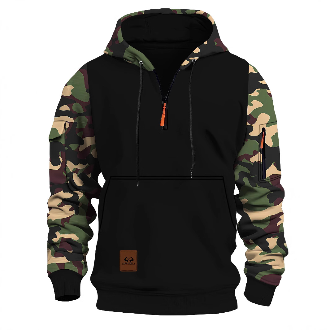亚马逊秋春季新款拼接连帽上衣卫衣男潮流迷彩美式复古卫衣男拉链