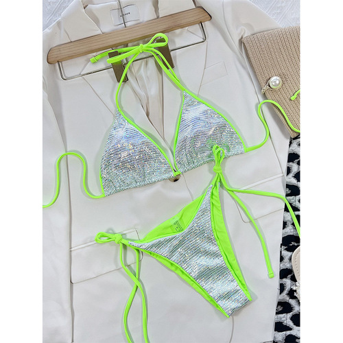 Gold-leaf fabric V-neck triangle bikini set for stylish women's swimsuit