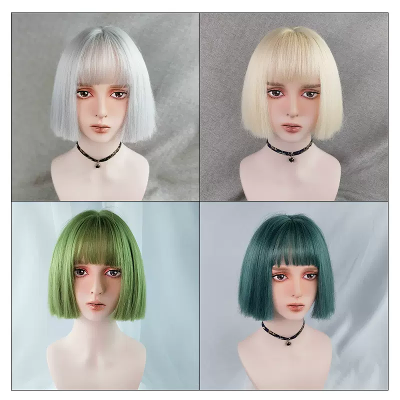跨境电商专供 cosplay动漫彩色假发女短发  派对齐刘海整顶假发