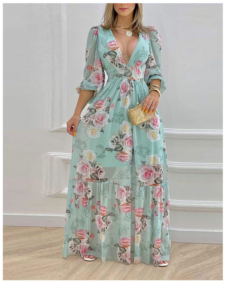 deep V-neck lantern sleeves waist bohemian dress NSZCQ126711