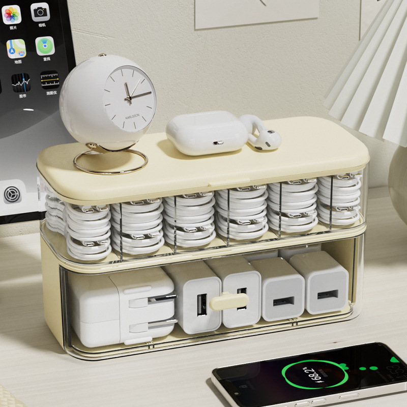 二層データケーブル収納ボックスデスクトップ携帯電話充電ケーブル電源コード多機能整理ボックスアクリルケーブル管理ボックス|undefined