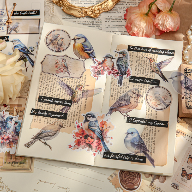 Mr. Paper mate PET calcomanías, hermosa serie de fantasía, ilustración de acuarela, flor y pájaro, tienda de mano, pegatinas decorativas de paisajismo