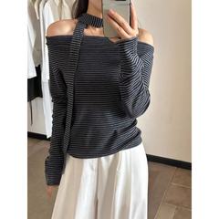 2025美式复古条纹设计感一字肩长袖女秋季新款辣妹风显瘦打底上衣