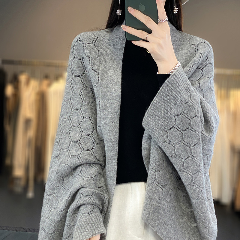 Wholesale autumn and winter new wool hollow cardigan cape shawl outer sweater women's loose Korean style with cheongsam outer