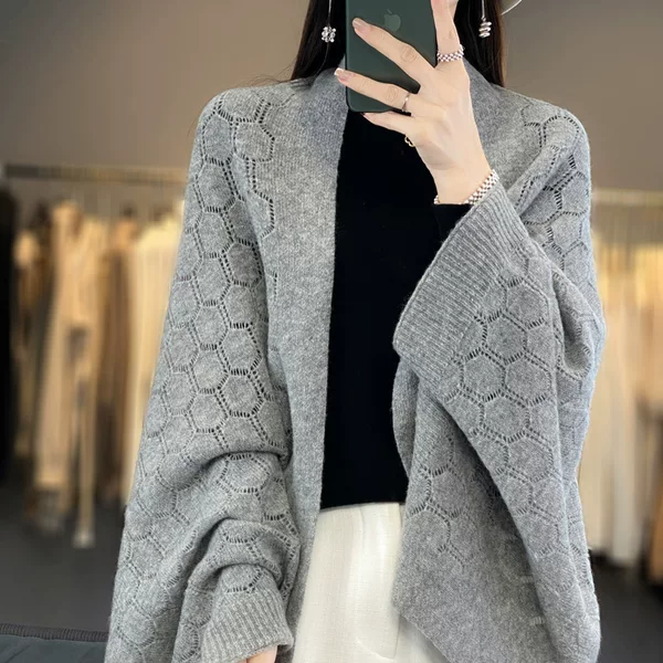 Wholesale autumn and winter new wool hollow cardigan cape shawl outer sweater women's loose Korean style with cheongsam outer