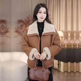 韩版羊羔绒毛呢外套遮肉百搭Q中老年翻领短外套2024年皮毛一体