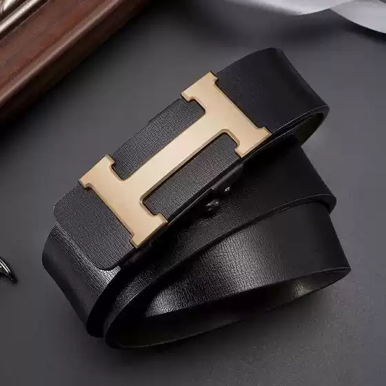 Men's Leather Belt Versatile Genuine Leather No-Teeth Automatic Buckle Minimalist Internet Celebrity Cowhide Business Pants Waistband Men Factory Direct Sale
