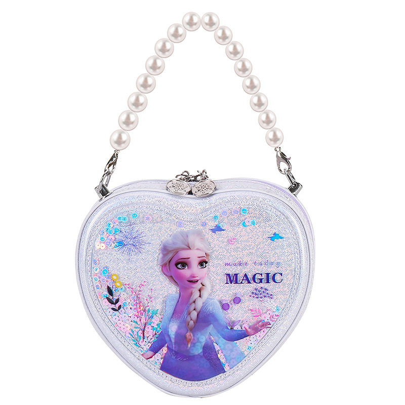 Bolso de Princesa para Niñas 2022, Bolso de Mano de PU con Perlas de Moda, Bolso Bandolera con Forma de Corazón de Frozen