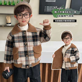 男童深秋加绒格子毛呢外套冬季儿童帅气休闲夹克中小童上衣外贸