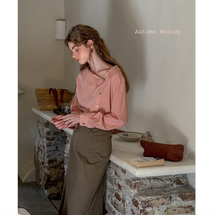 Dailyart "Sunset Reply" Craft Washed Tencel Brocade Dark Plaid Lapel Diagonal Placket Long Sleeve Shirt Top