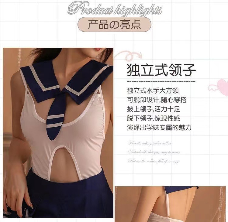 Campus-Style Open-Crotch Lingerie Set with Jumpsuit, Skirt, Tie and Student Socks — detail image 5