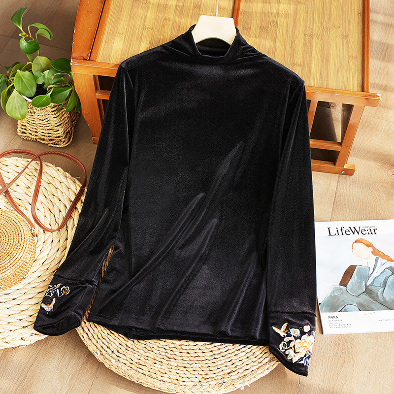[Gold Velvet Half Turtleneck] Autumn and Winter Bottoming Shirt with a Western-Style Shirt, Loose Large Size Slimming Look t