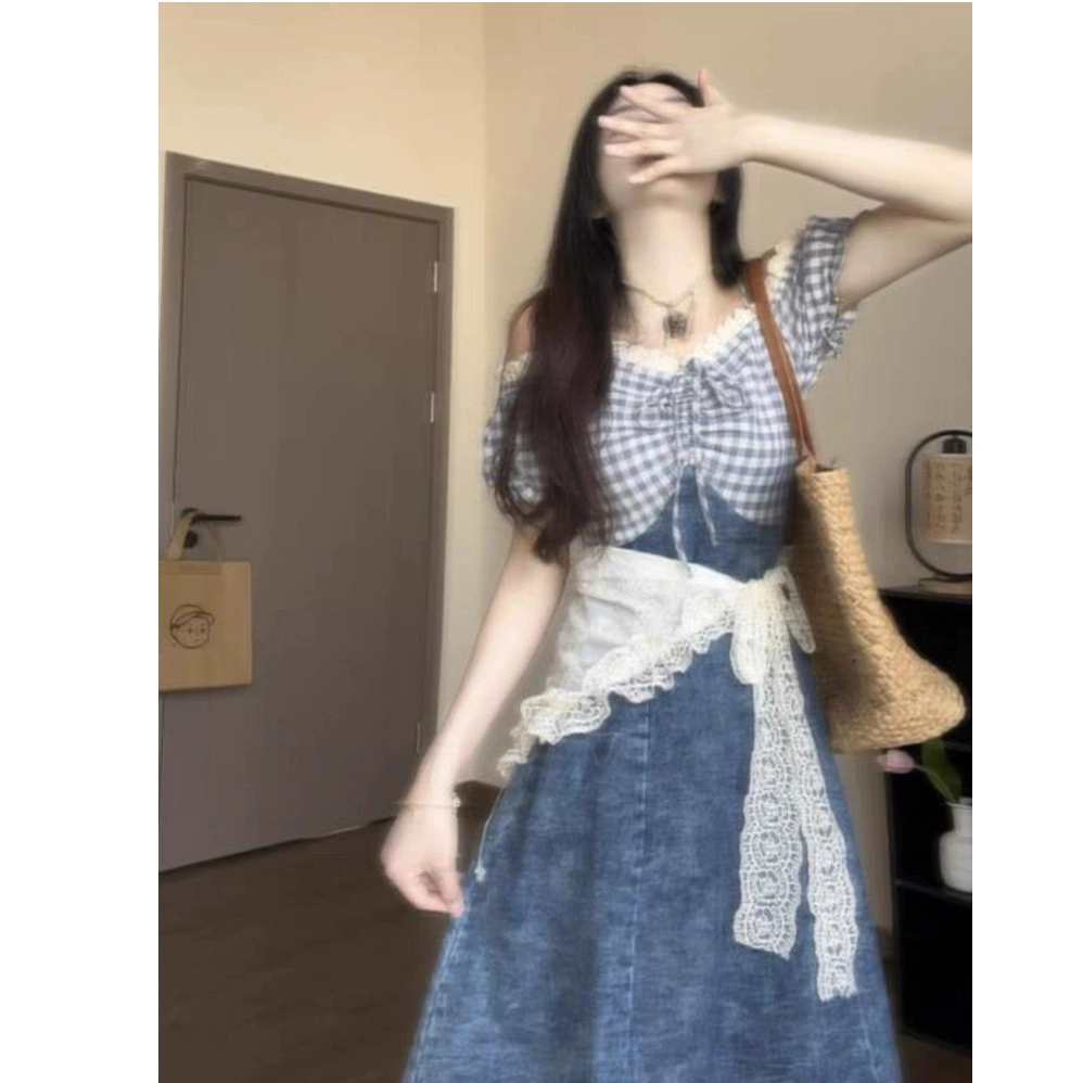 [Набор из двух частей] джинсовое платье женское лето 2025 новое французское сшивание решетки шнуровка тонкая талия