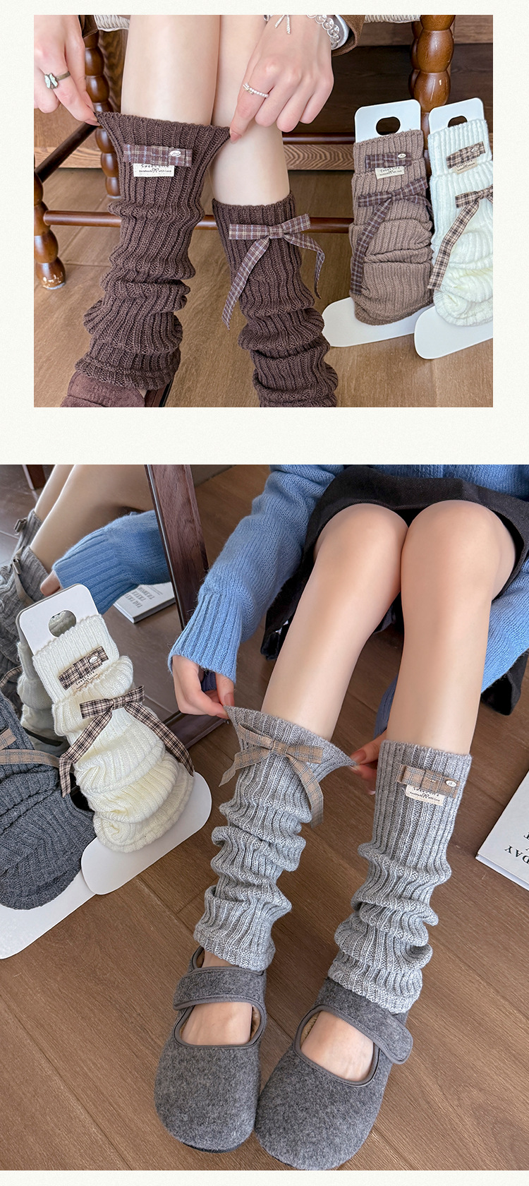 Leg Warmers Bootshang Cotton Spring And Autumn Bow AB Pile Socks Ballet Style Lolita Vertical Stripes Calf Socks_voghion.com