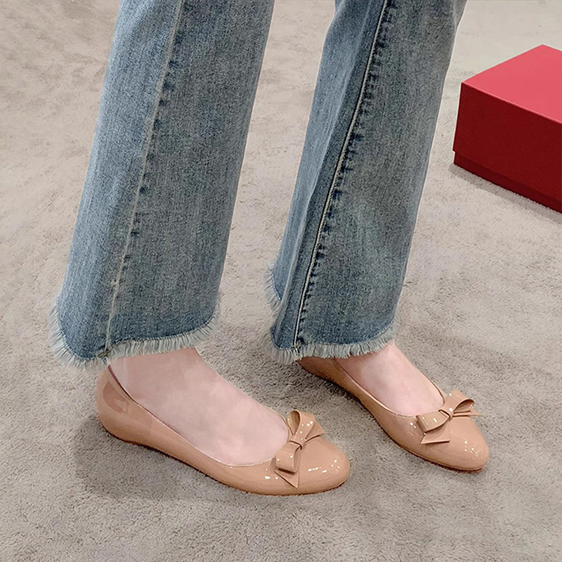 Patent Leather~Cun Yuan Style Women's Summer Fashion Nude-Colored Flat Shoes with 4cm Hidden Heel and Bowknot Ballet Flats
