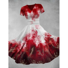 2024欧美独立站V领短袖连衣裙 大码女装万圣玫瑰短袖长裙优雅长裙