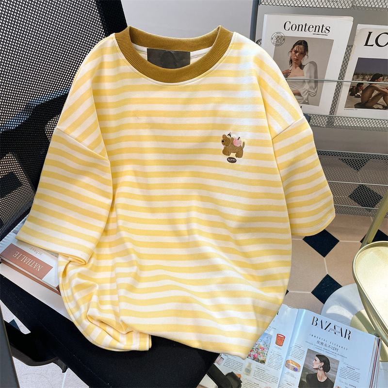 Cream cheese yellow_cute puppy striped short sleeve women contrast color loose casual age-reducing crew neck Joker T-shirt jacket