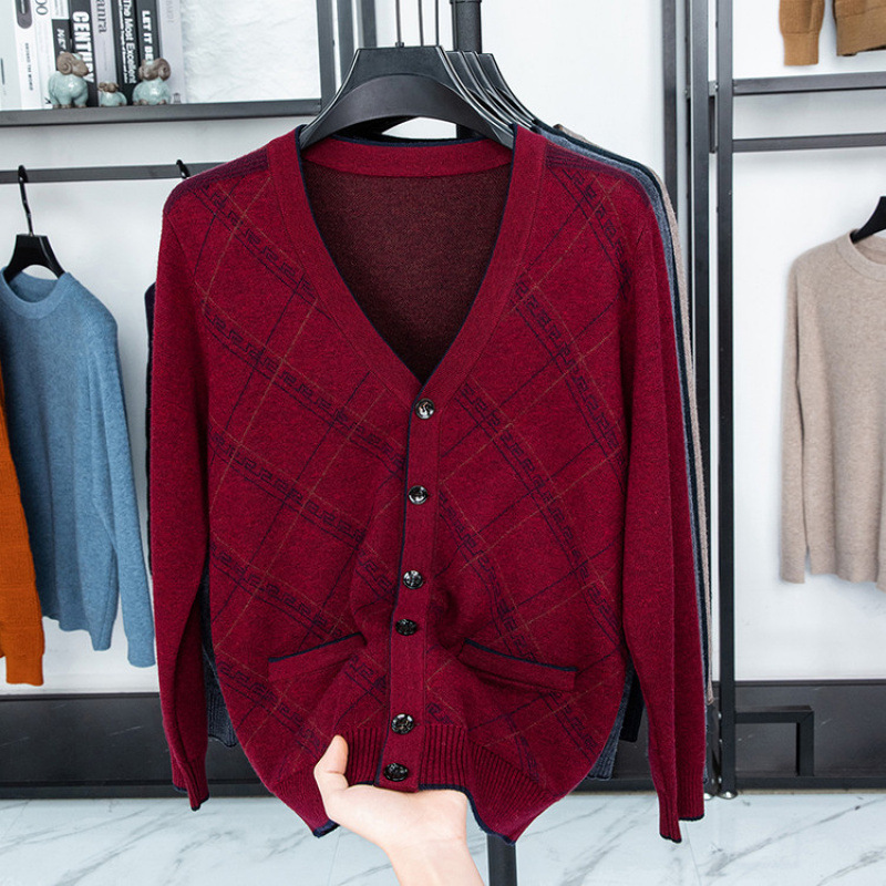 Middle-Aged and Elderly Men's Sweater 2025 Autumn and Winter Cardigan Knitwear 70-Year-Old Grandfather Jacquard Coat 100% Wool Sweater