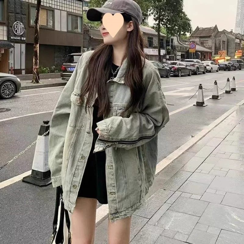 Retro denim autumn jacket for elementary school students, American style, plus size, oversize