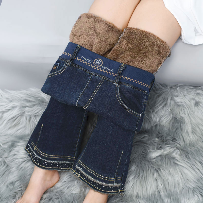 양고기 양털 바지 여성용 겨울 기모 두꺼운 청바지 2024 새로운 플러스 사이즈 탄성 허리 플레어 바지