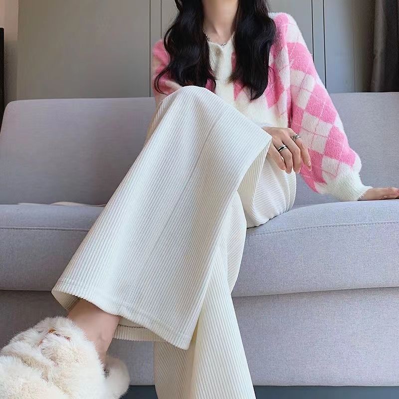 灯芯绒阔腿裤女2025秋冬加绒裤子女学生垂坠感小个子针织休闲裤